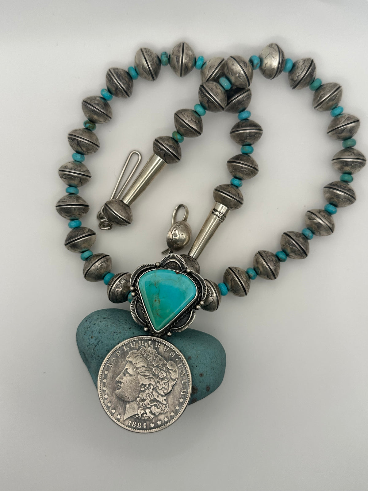 James McCabe Coin and Kingman Turquoise Necklace