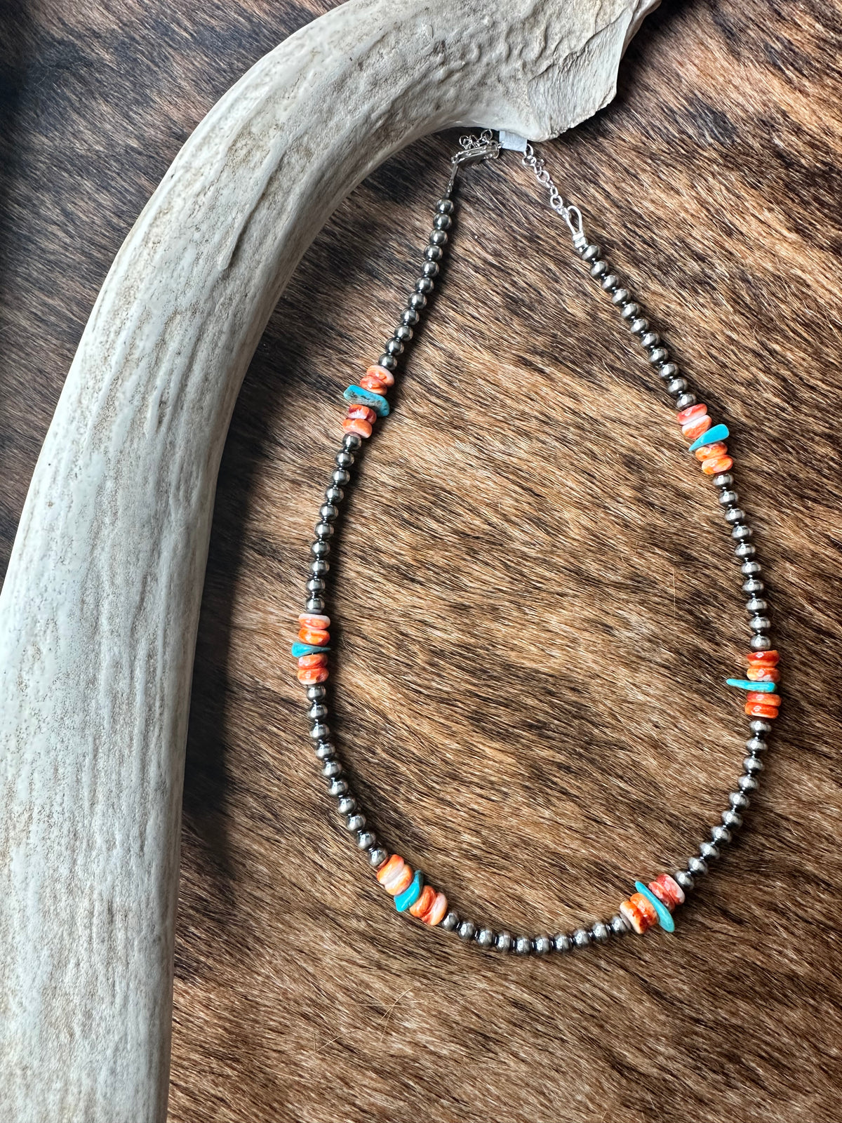 Sterling Silver Pearl Necklace with Orange Spiny Oyster & Sleeping Beauty Turquoise Chips
