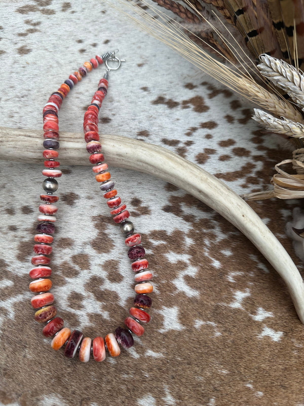 Graduated Spiny & Wampum Statement Necklace With Sterling Pearls