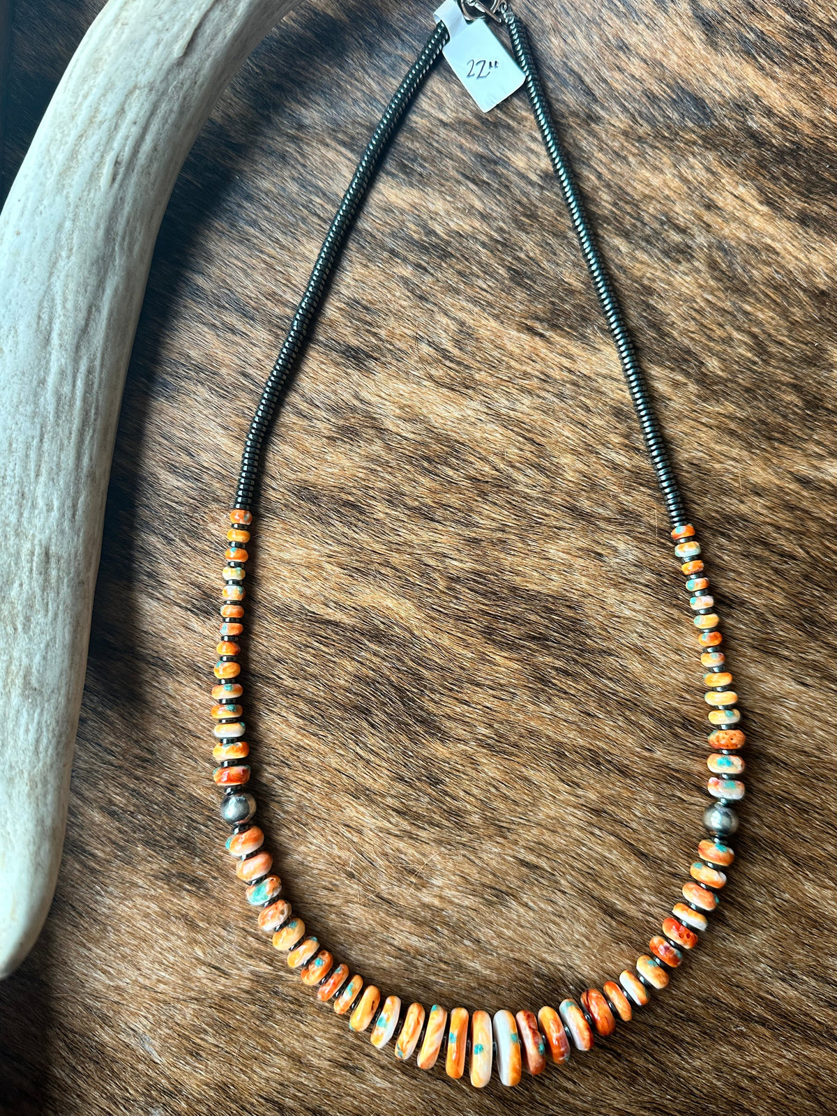 Graduated Orange Spiny With Turquoise and Sterling Silver Pearl Necklace