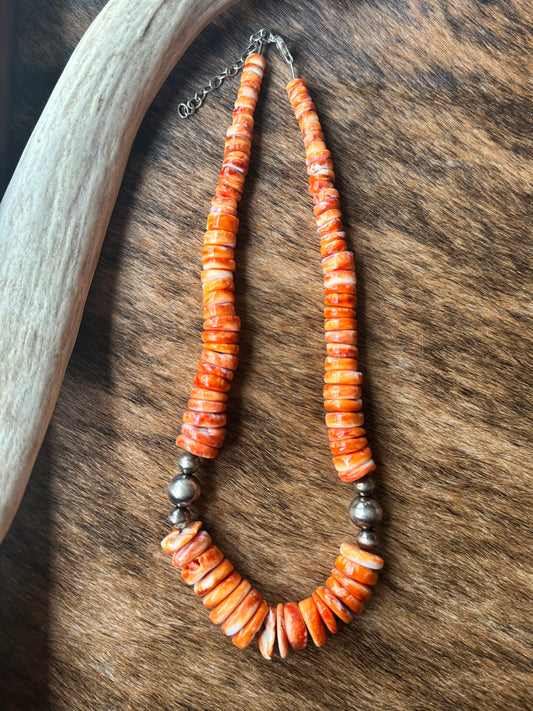 Graduated Orange Spiny and Sterling Silver Pearl Necklace