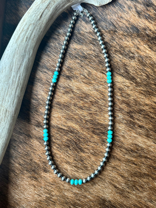 Sterling Silver Pearl & Blue Turquoise Necklace (6mm)