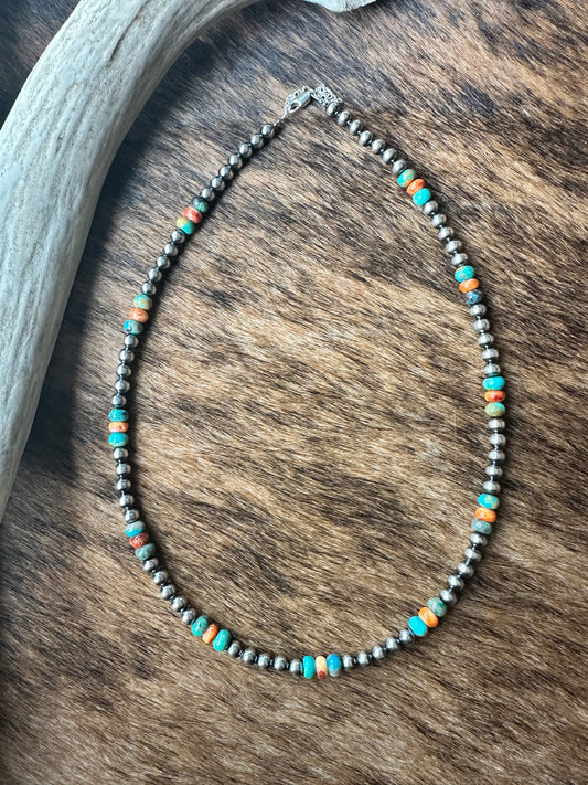 Sterling Silver Pearl Necklace – Mixed Turquoise & Spiny Oyster (5mm)