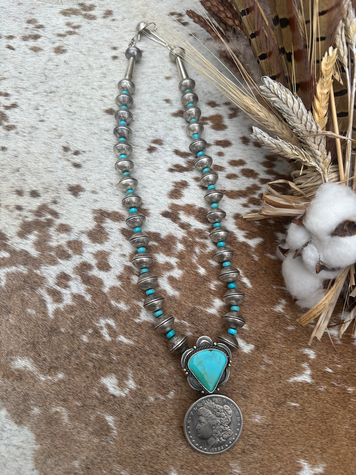 James McCabe Coin and Kingman Turquoise Necklace
