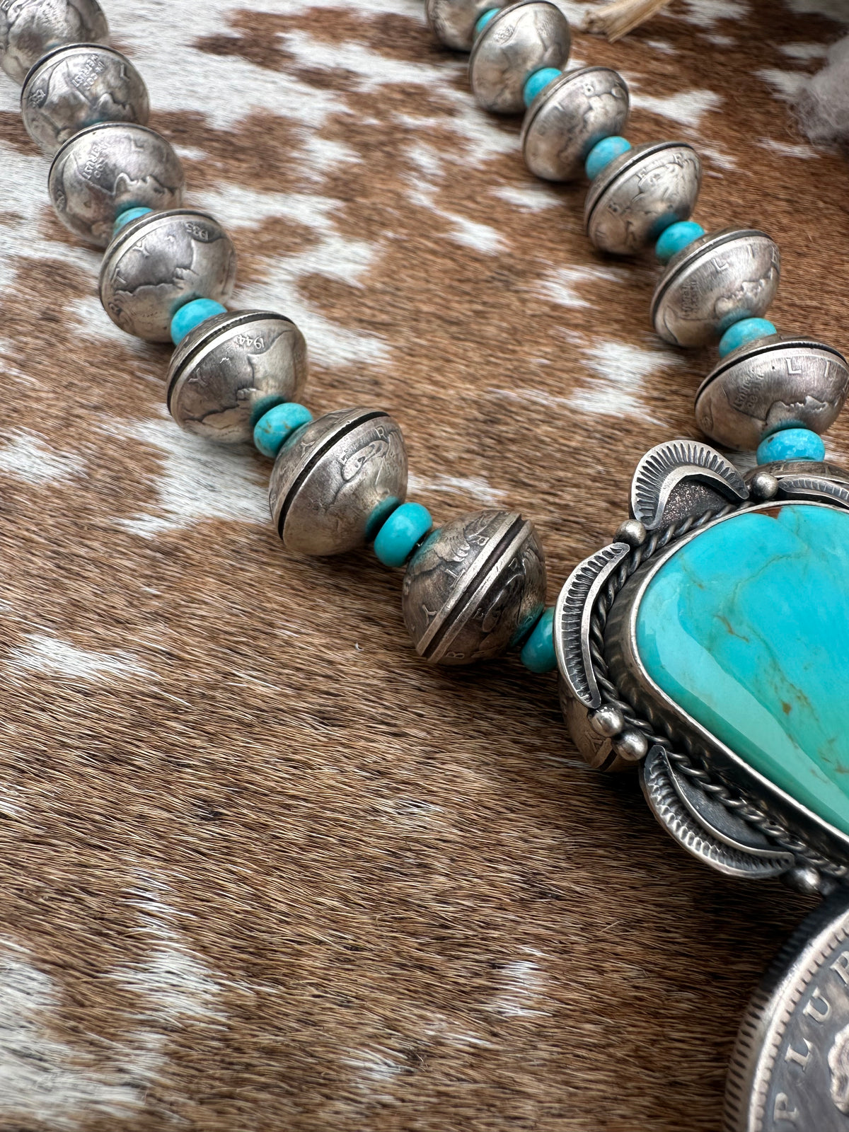 James McCabe Coin and Kingman Turquoise Necklace