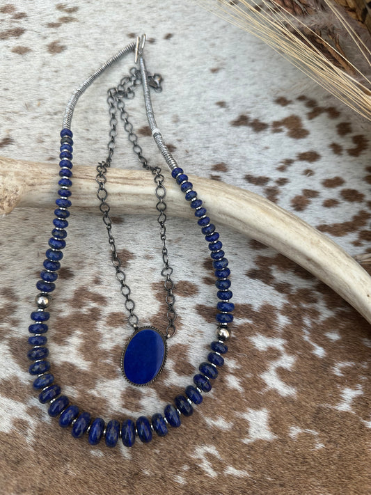 Blue Lapis and Sterling Silver Rondelle Graduated Necklace