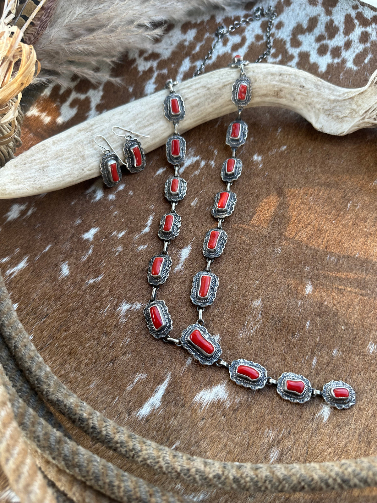Thomas Francisco Red Coral Lariat Necklace and Earring Set