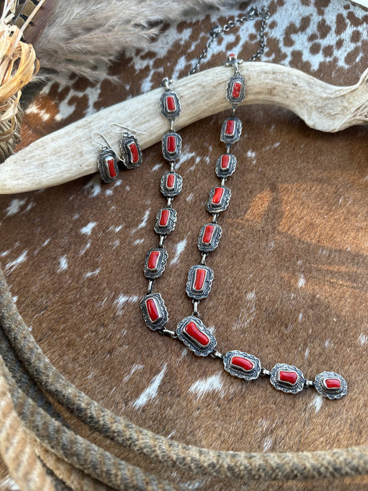 Thomas Francisco Red Coral Lariat Necklace and Earring Set